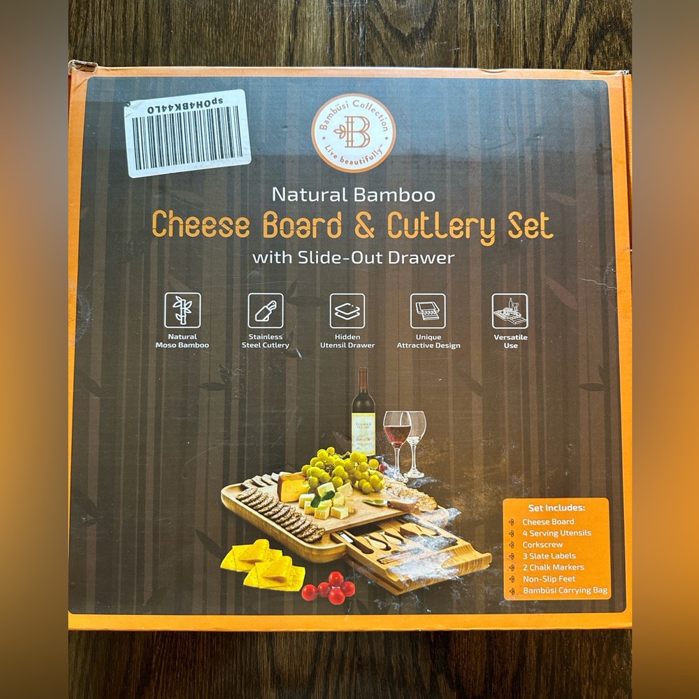 Large Bamboo Cheese Board Set Charcuterie Board with Drawers Stainless Cutlery